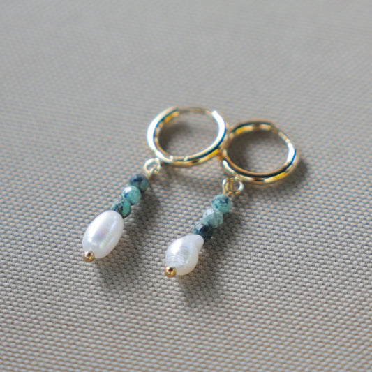 Delicate Hooped Blue and White Pebble Earrings