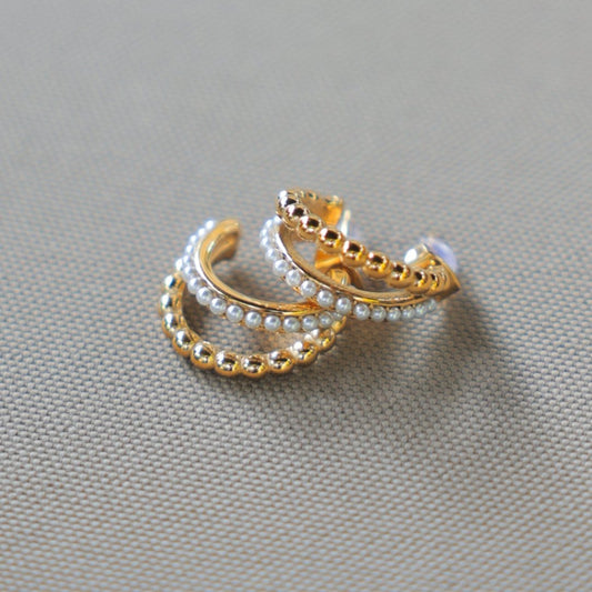 Double Pearl and Gold Bead Hooped Earrings