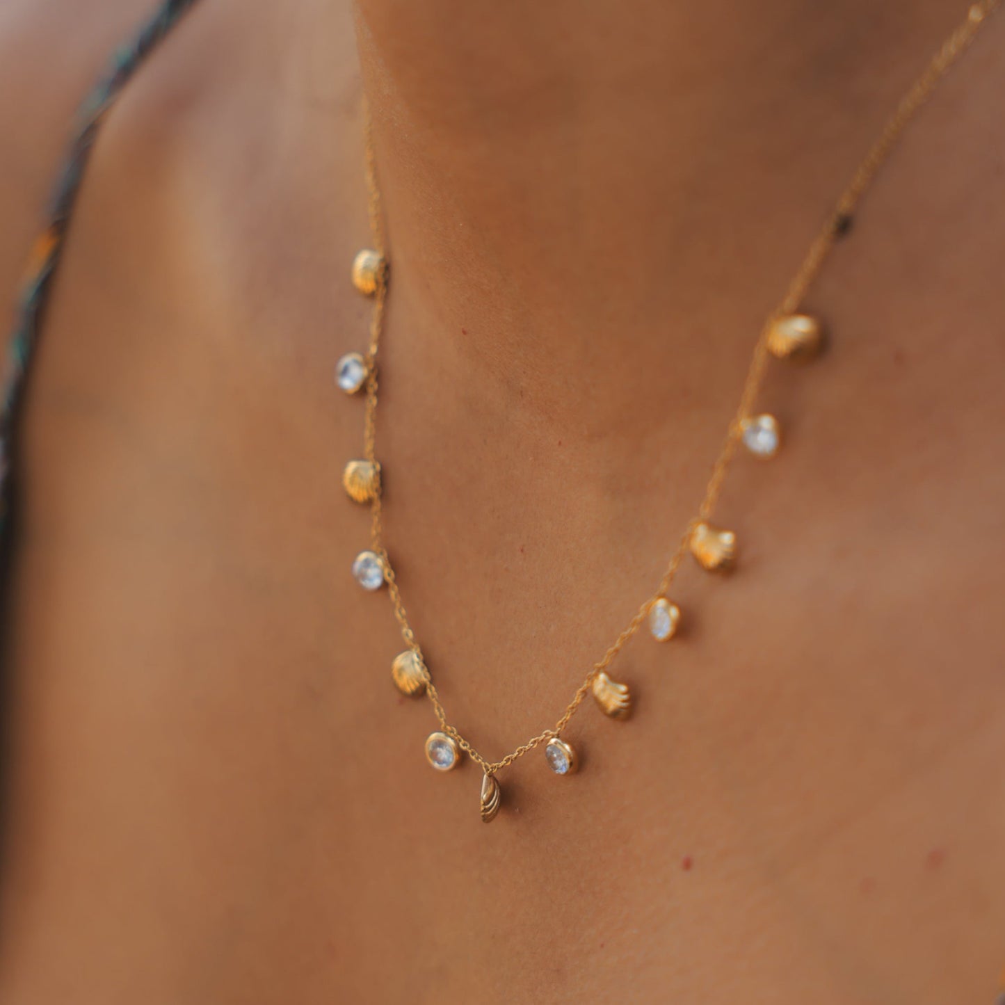 Delicate Gold Clam Shell and White Gem Necklace